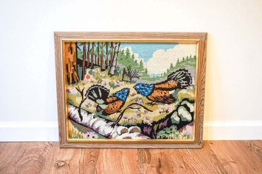 Vintage Cross Stitch Embroidered Quail Landscape Art With Original Frame