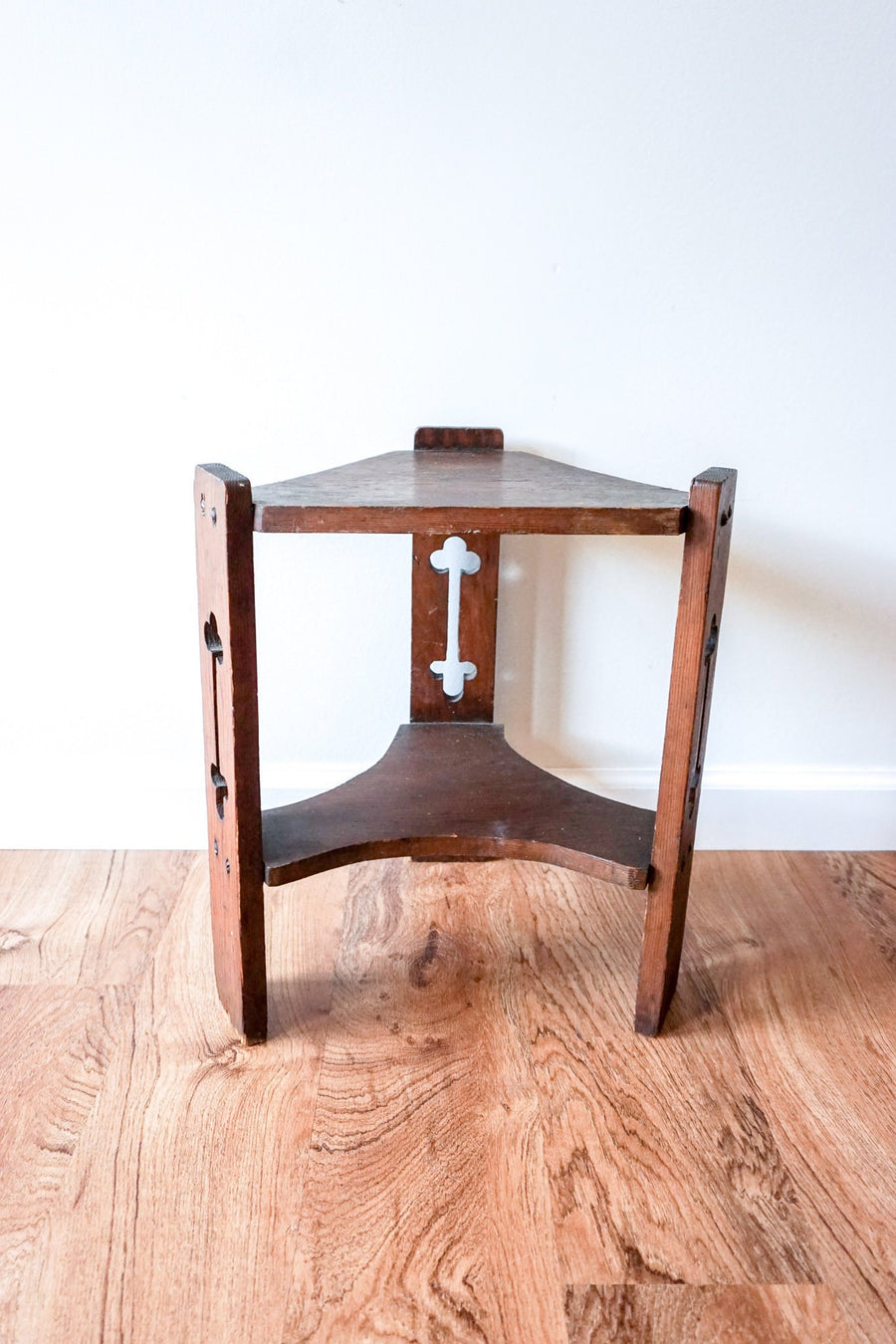 Unique Vintage Solid Wood Geometric Triangular Side Table