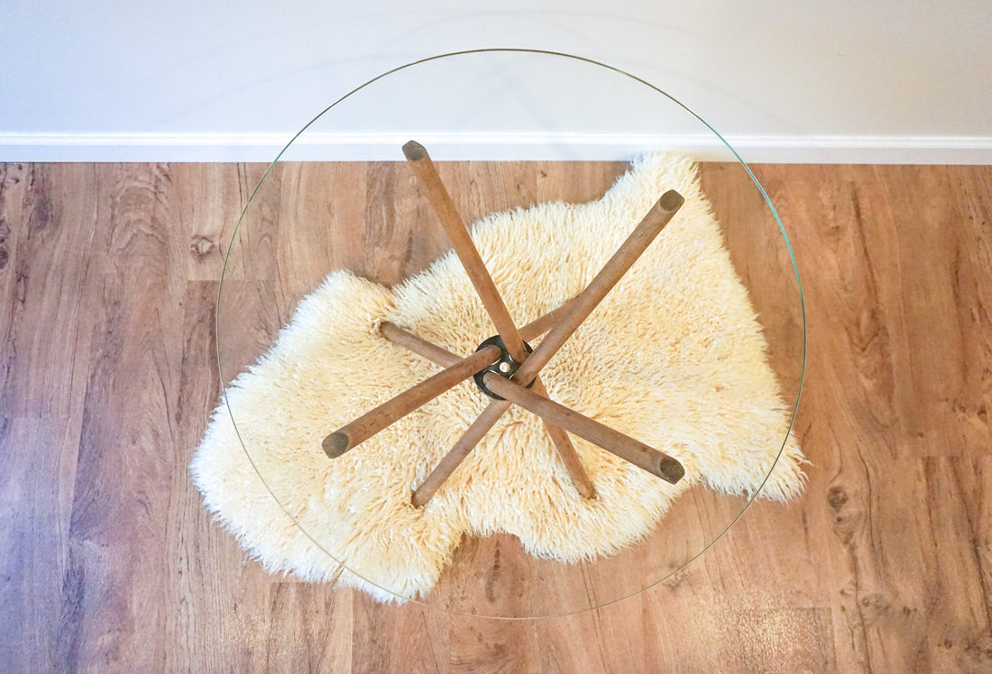 Unique Vintage Round Glass Accent Table with Folding Wood Legs