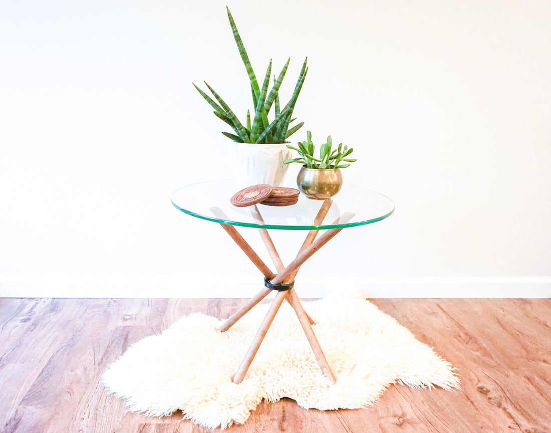 Unique Vintage Round Glass Accent Table with Folding Wood Legs