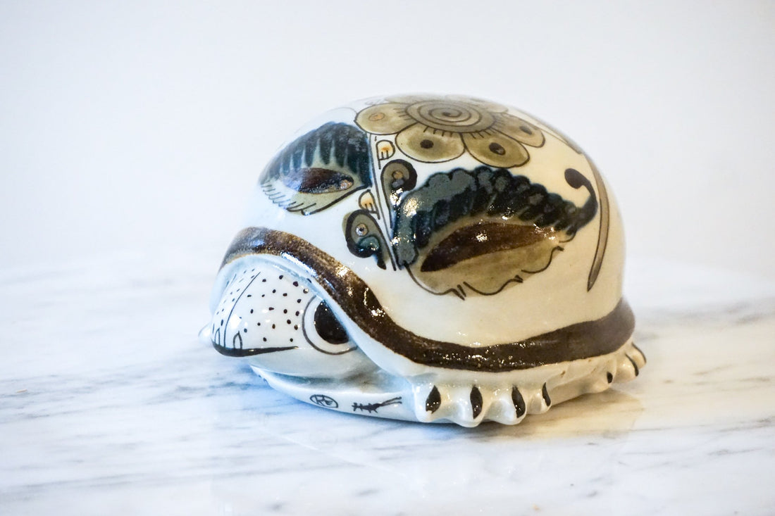 Vintage Hand Painted Ceramic Tonala Turtle From Mexico