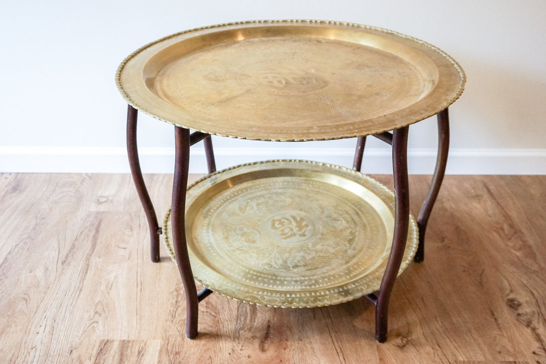 Stunning Vintage Mid-Century Two-Tiered Round Brass Coffee Table with Folding Teak Legs