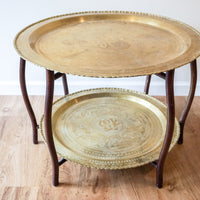 Stunning Vintage Mid-Century Two-Tiered Round Brass Coffee Table with Folding Teak Legs