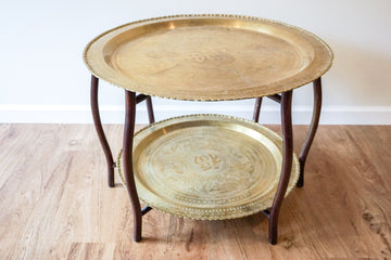 Stunning Vintage Mid-Century Two-Tiered Round Brass Coffee Table with Folding Teak Legs