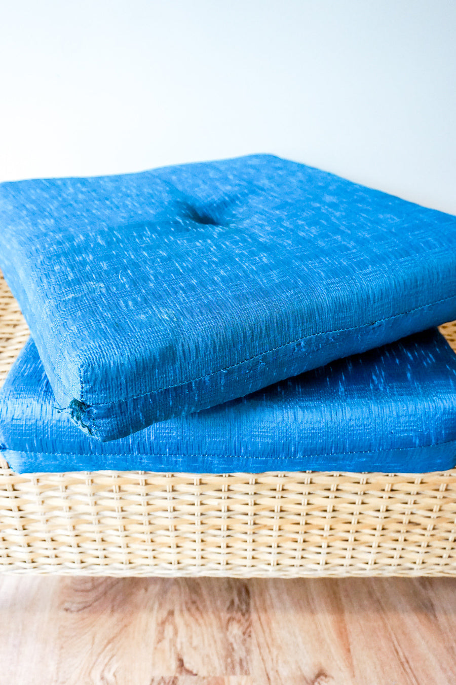 Vintage Rattan Woven Bench with Beautiful Blue Silk Seat Cushion