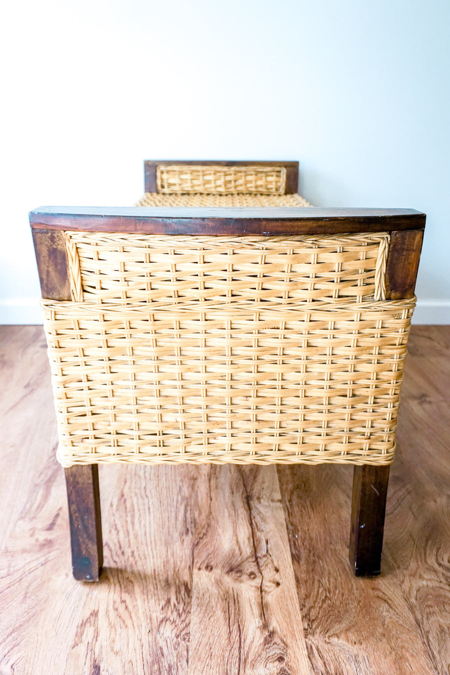 Vintage Rattan Woven Bench with Beautiful Blue Silk Seat Cushion