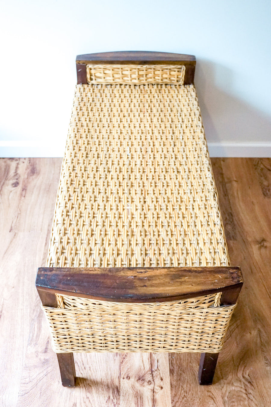 Vintage Rattan Woven Bench with Beautiful Blue Silk Seat Cushion