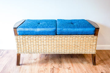 Vintage Rattan Woven Bench with Beautiful Blue Silk Seat Cushion