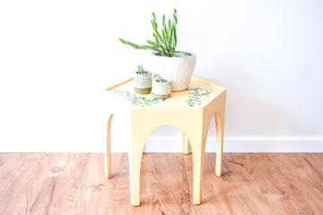 Moroccan Style Geometric Hexagon Accent Table Hand Painted Yellow with Leaf Detailing