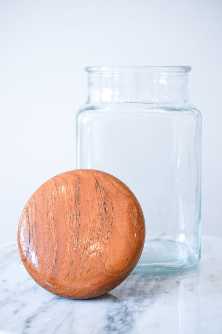 Set of Three Glass Kitchen Canisters with Teak Lids Made in Thailand