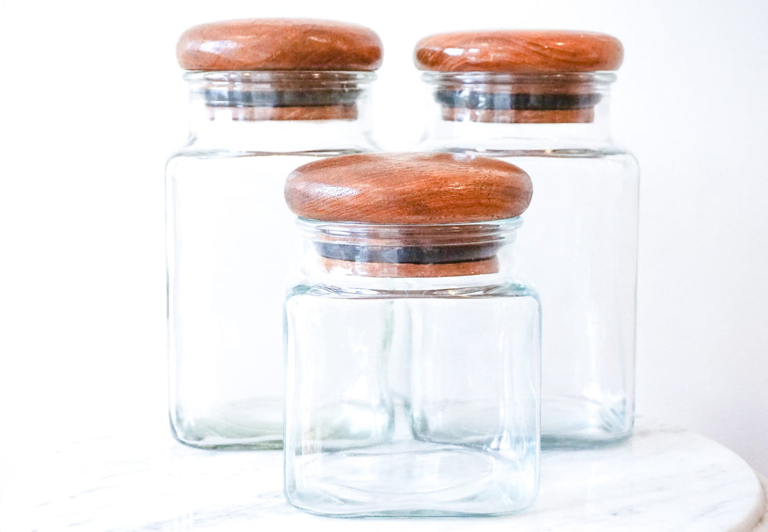 Set of Three Glass Kitchen Canisters with Teak Lids Made in Thailand