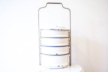 Vintage Set of 4 Swedish White Enamel Stacking Canisters with Original Metal Organizing Rack