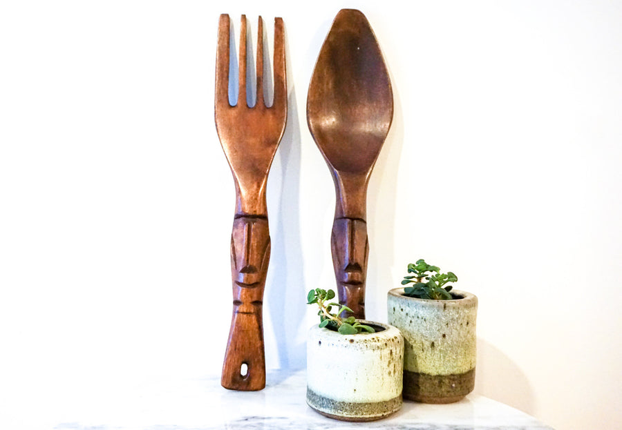 Small Solid Wood Mid-Century Hand Carved Fork and Spoon Set