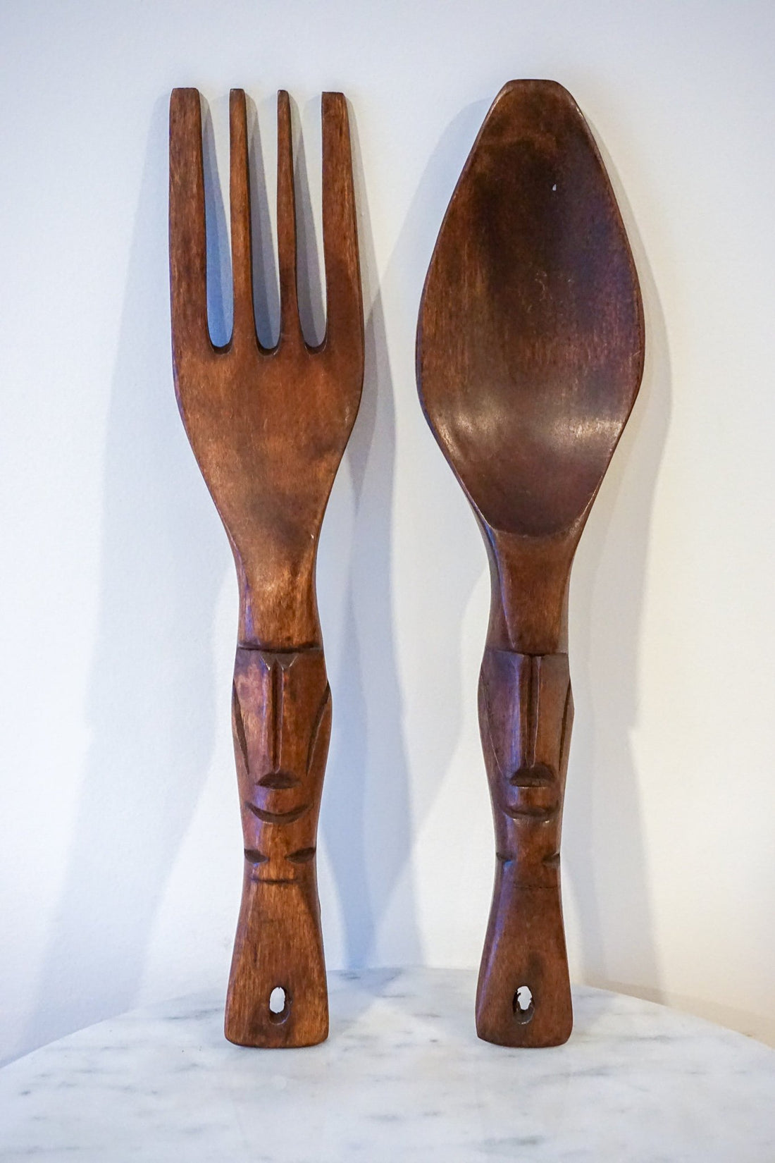 Small Solid Wood Mid-Century Hand Carved Fork and Spoon Set