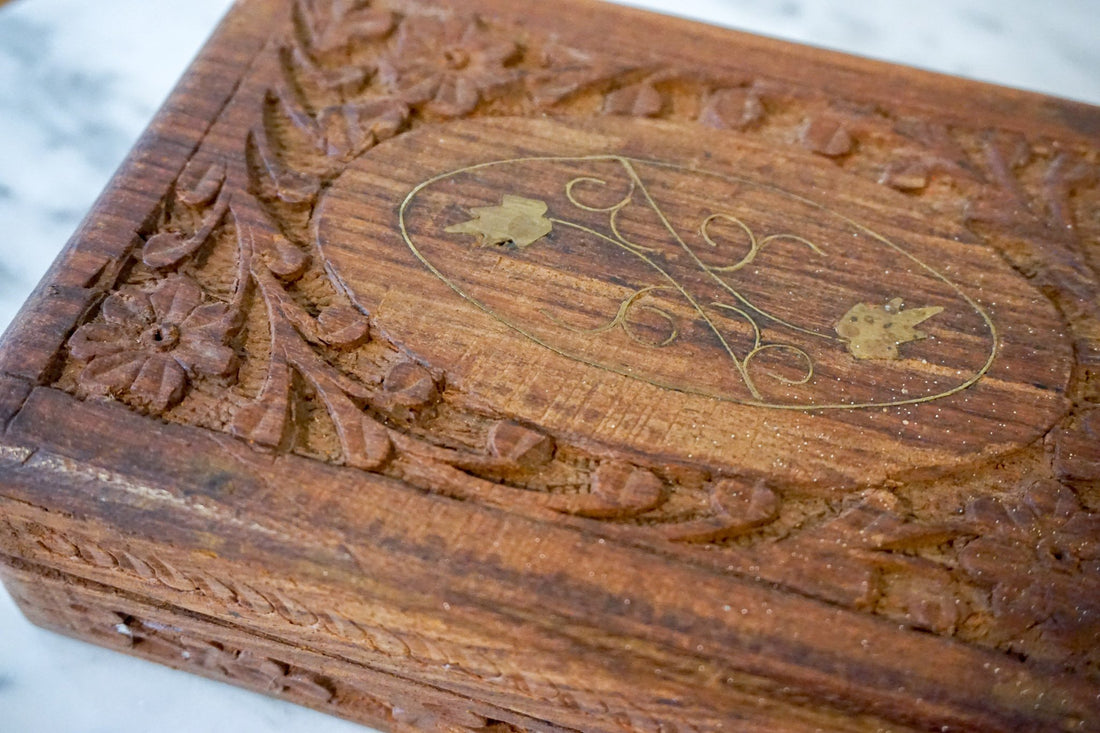 Vintage Hand Carved Wooden Jewelry/Trinket Box with Gold Details and Fabric Lining