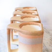 Set of 4 Vintage Glazed Geometric Padilla Ceramic Mugs With Dolphin Detail and Wood Stacking Rack