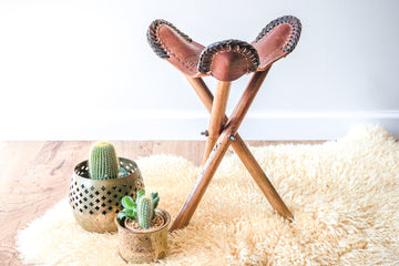 Vintage Hand Made Leather Tri-Fold Camping Stool with Original Wooden Legs - Made in Honduras