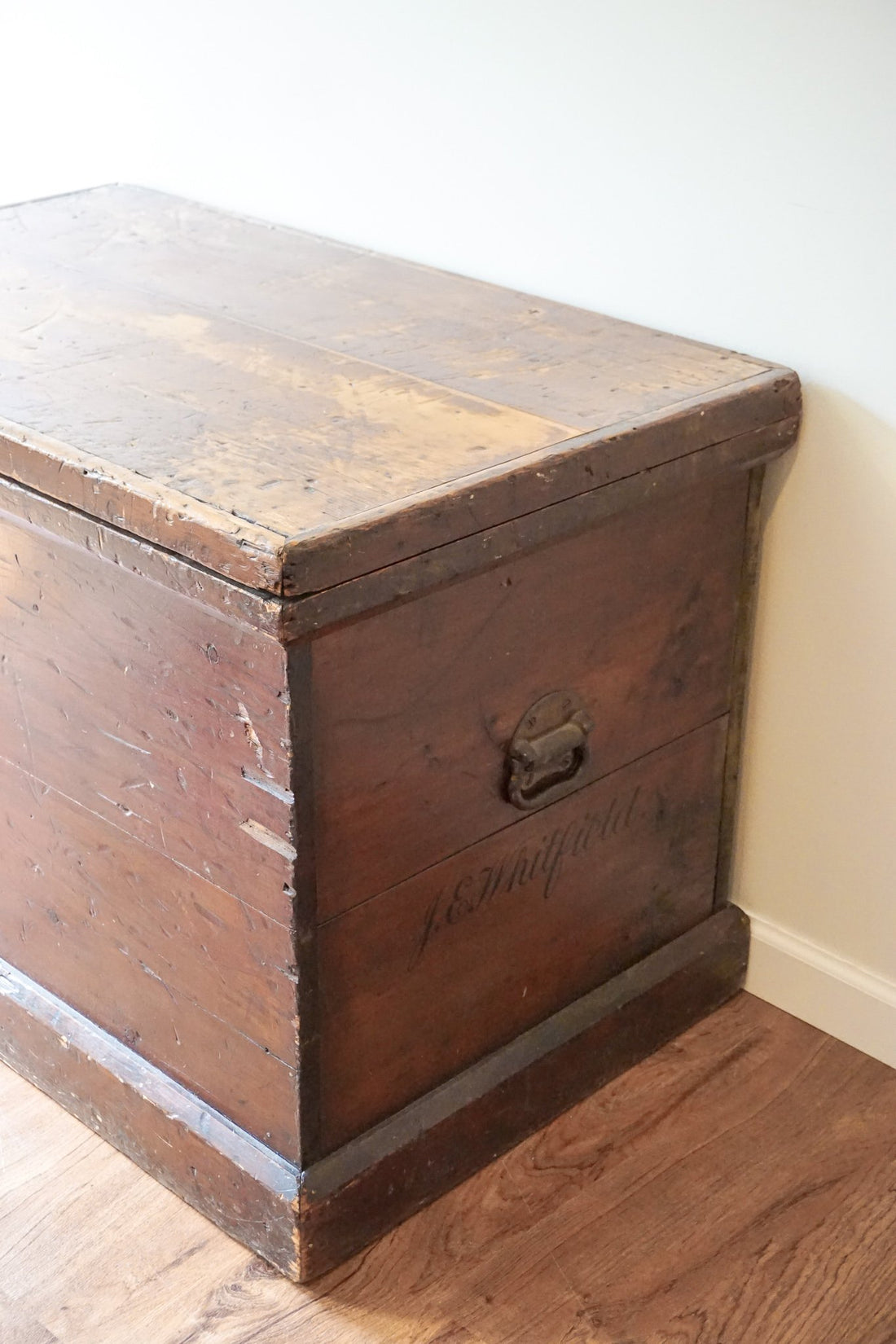 Gorgeous Vintage "J.E. Whitfield" Solid Wood Chest / Trunk With Metal Hardware and Decorative Key