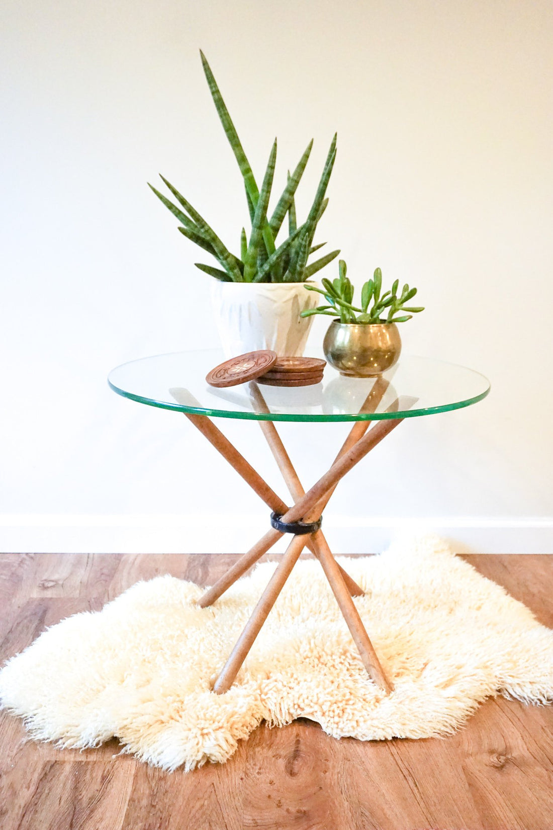 Unique Vintage Round Glass Accent Table with Folding Wood Legs