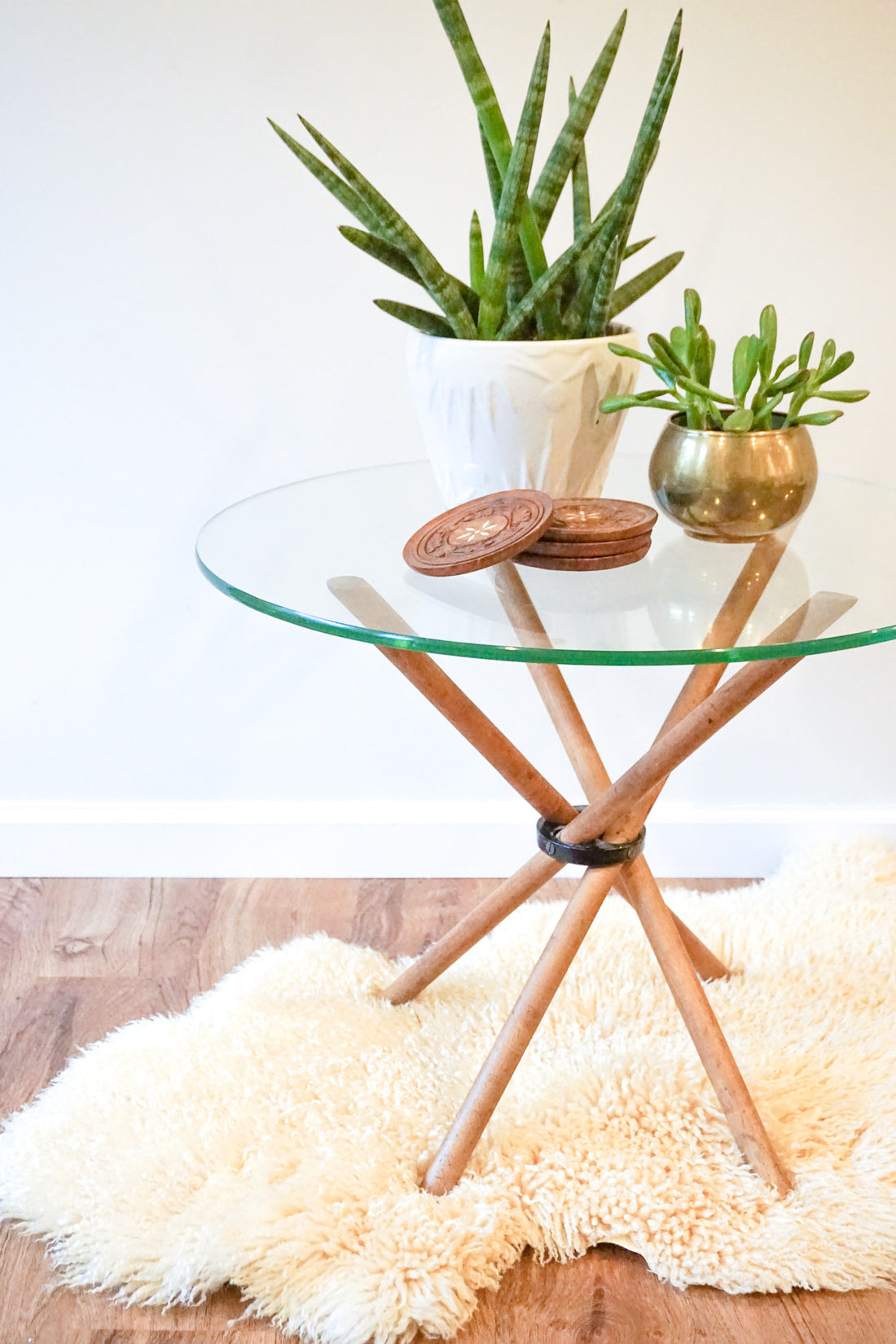 Unique Vintage Round Glass Accent Table with Folding Wood Legs