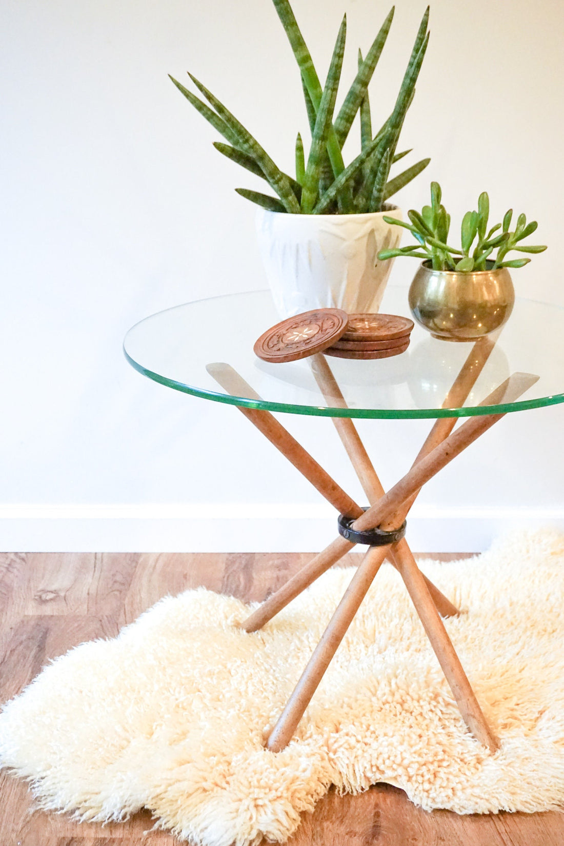 Glass Top Accent Table with Folding Wood Legs