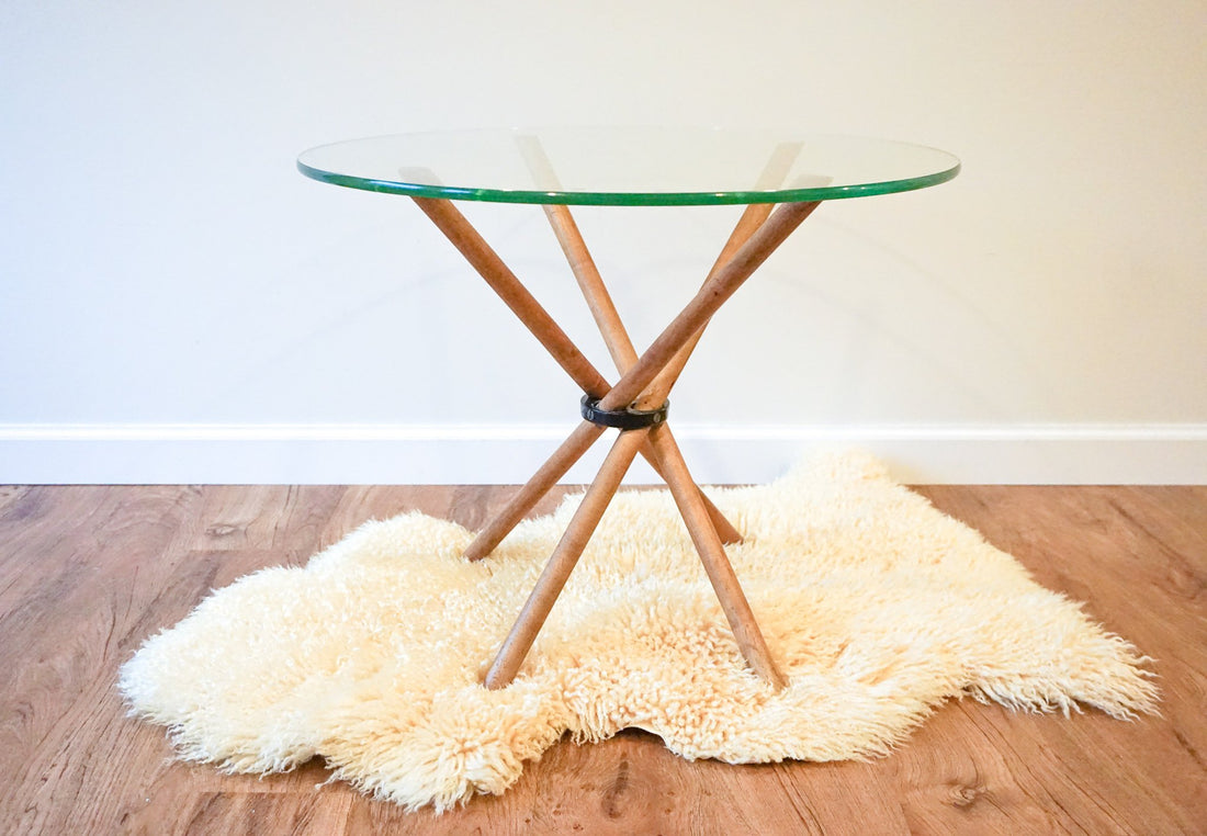 Unique Vintage Round Glass Accent Table with Folding Wood Legs