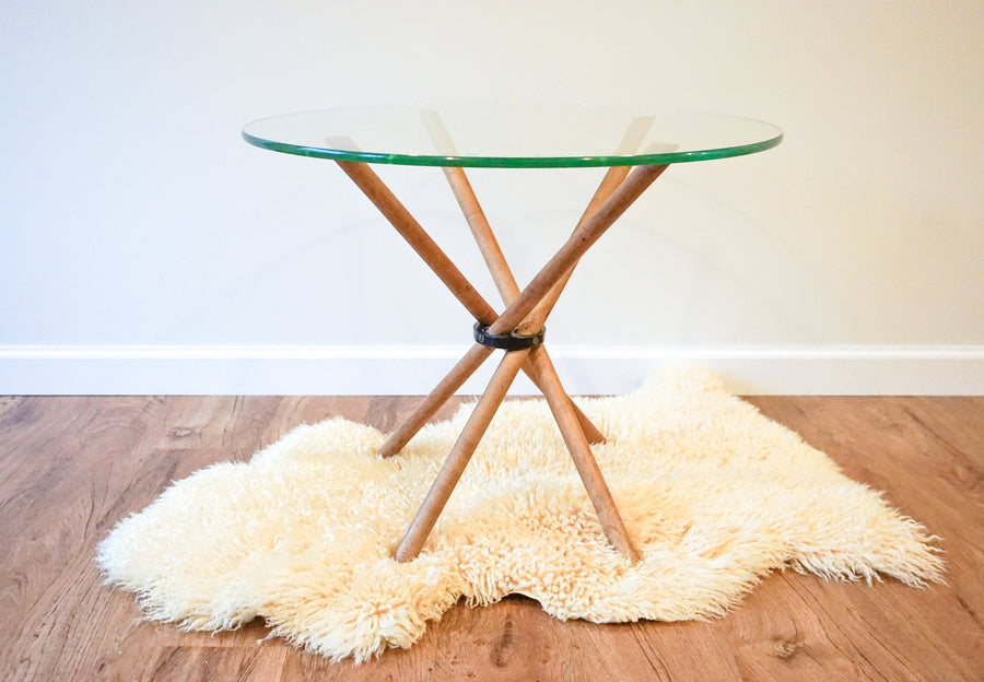 Unique Vintage Round Glass Accent Table with Folding Wood Legs