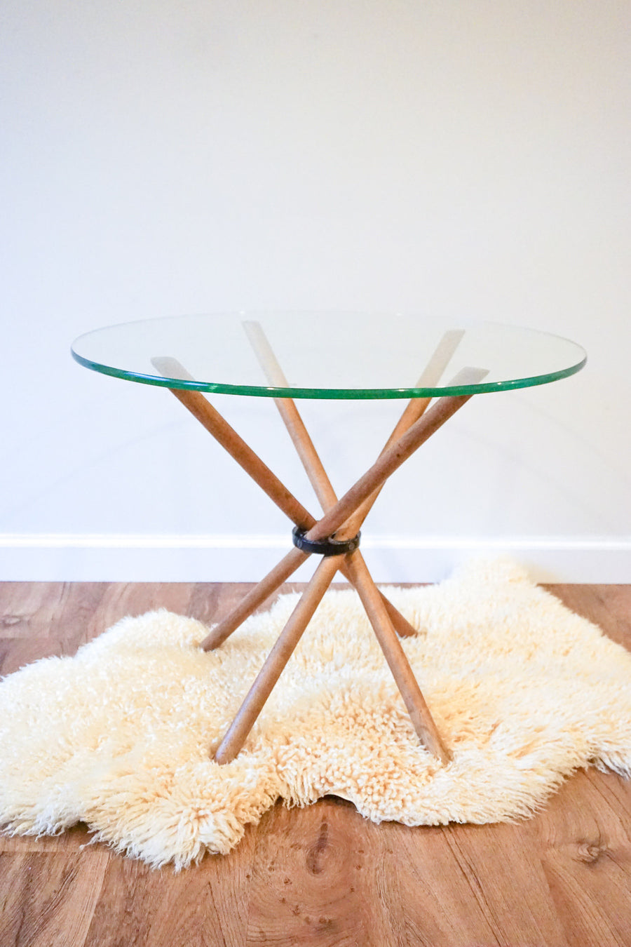Unique Vintage Round Glass Accent Table with Folding Wood Legs