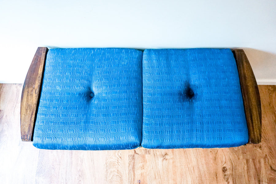 Vintage Rattan Woven Bench with Beautiful Blue Silk Seat Cushion