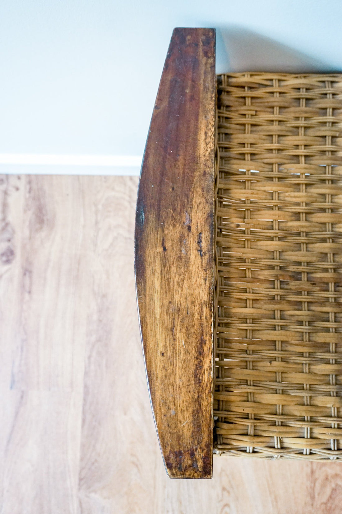 Vintage Rattan Woven Bench with Beautiful Blue Silk Seat Cushion