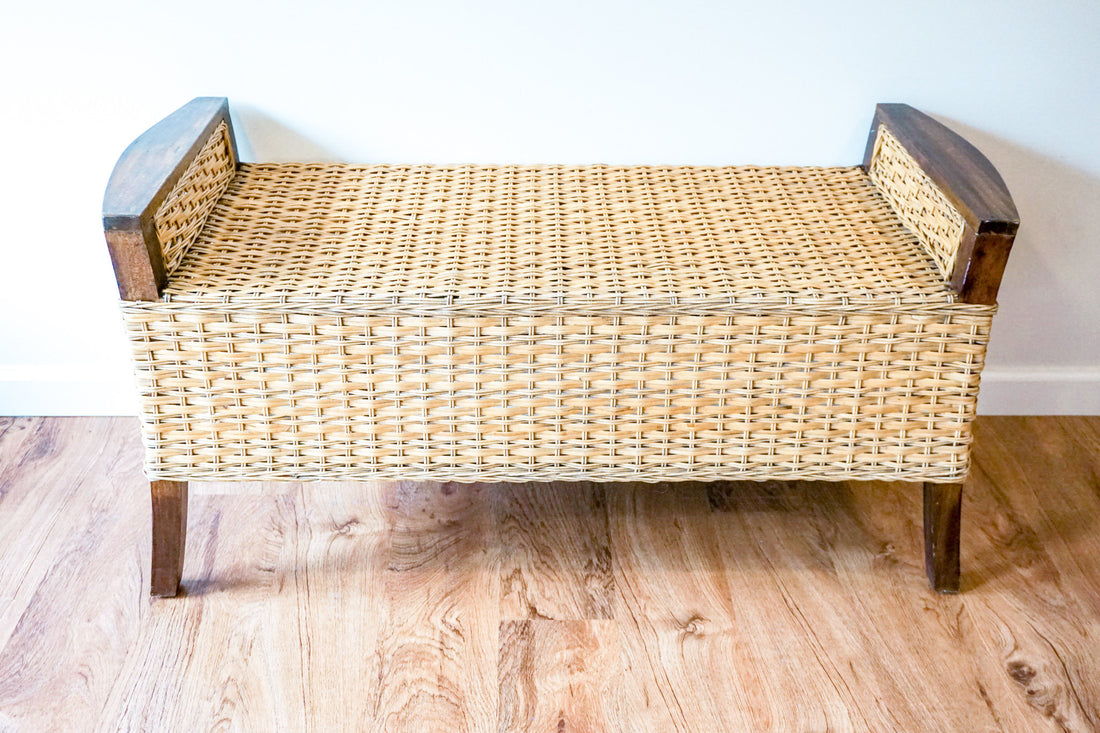 Vintage Rattan Woven Bench with Beautiful Blue Silk Seat Cushion