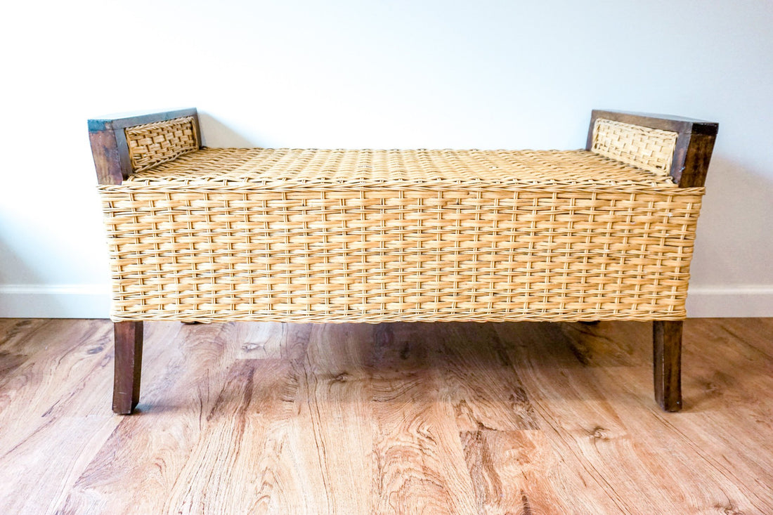 Vintage Rattan Woven Bench with Beautiful Blue Silk Seat Cushion