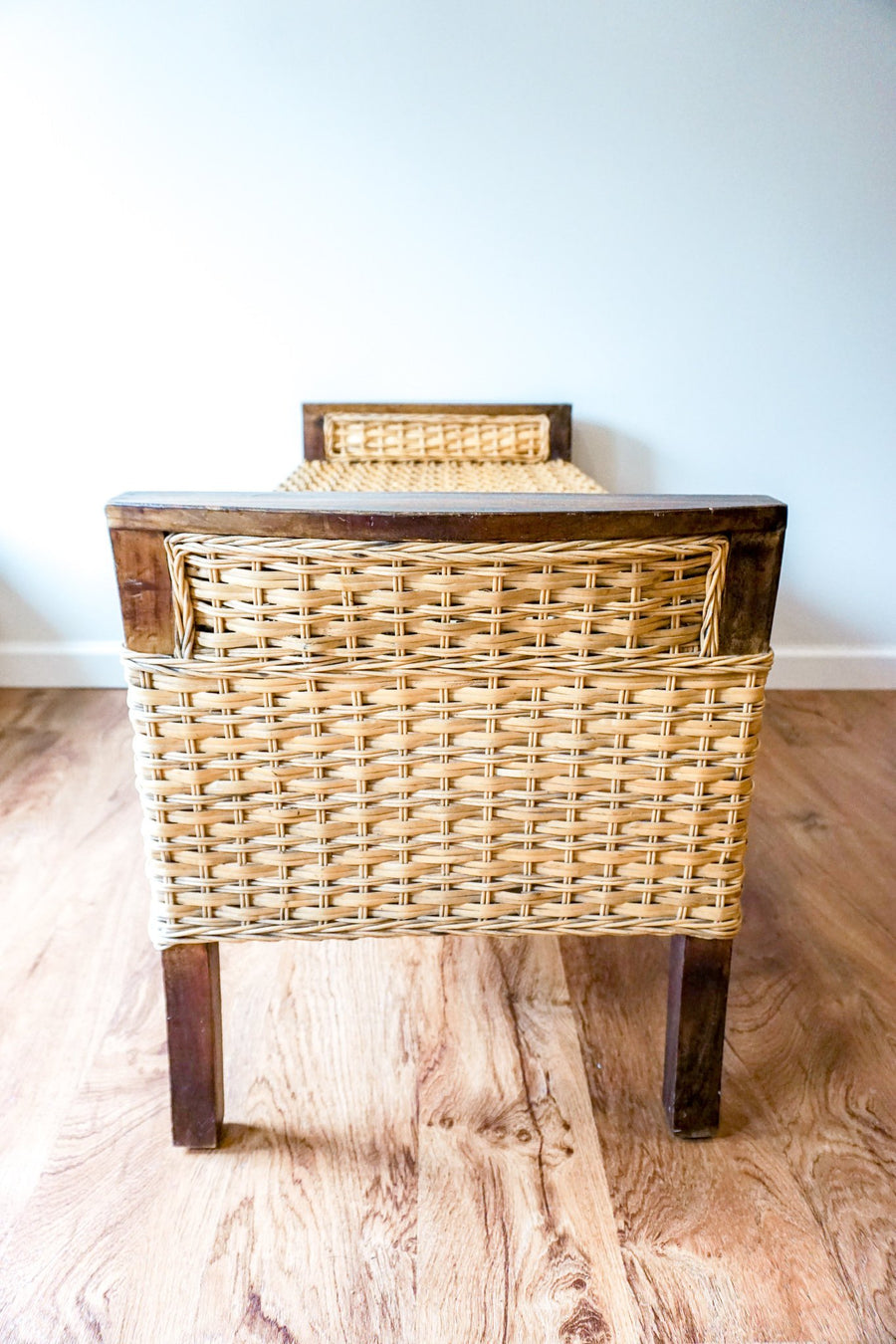 Vintage Rattan Woven Bench with Beautiful Blue Silk Seat Cushion