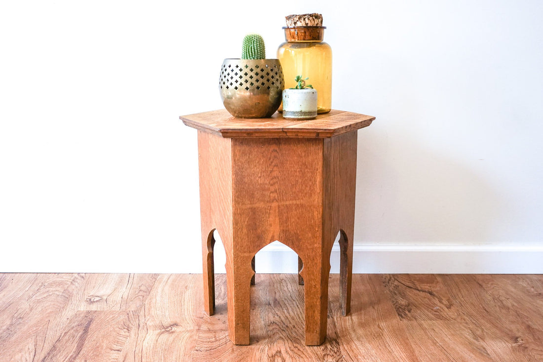 Vintage Solid Wood Moroccan Style Hexagon Accent Table