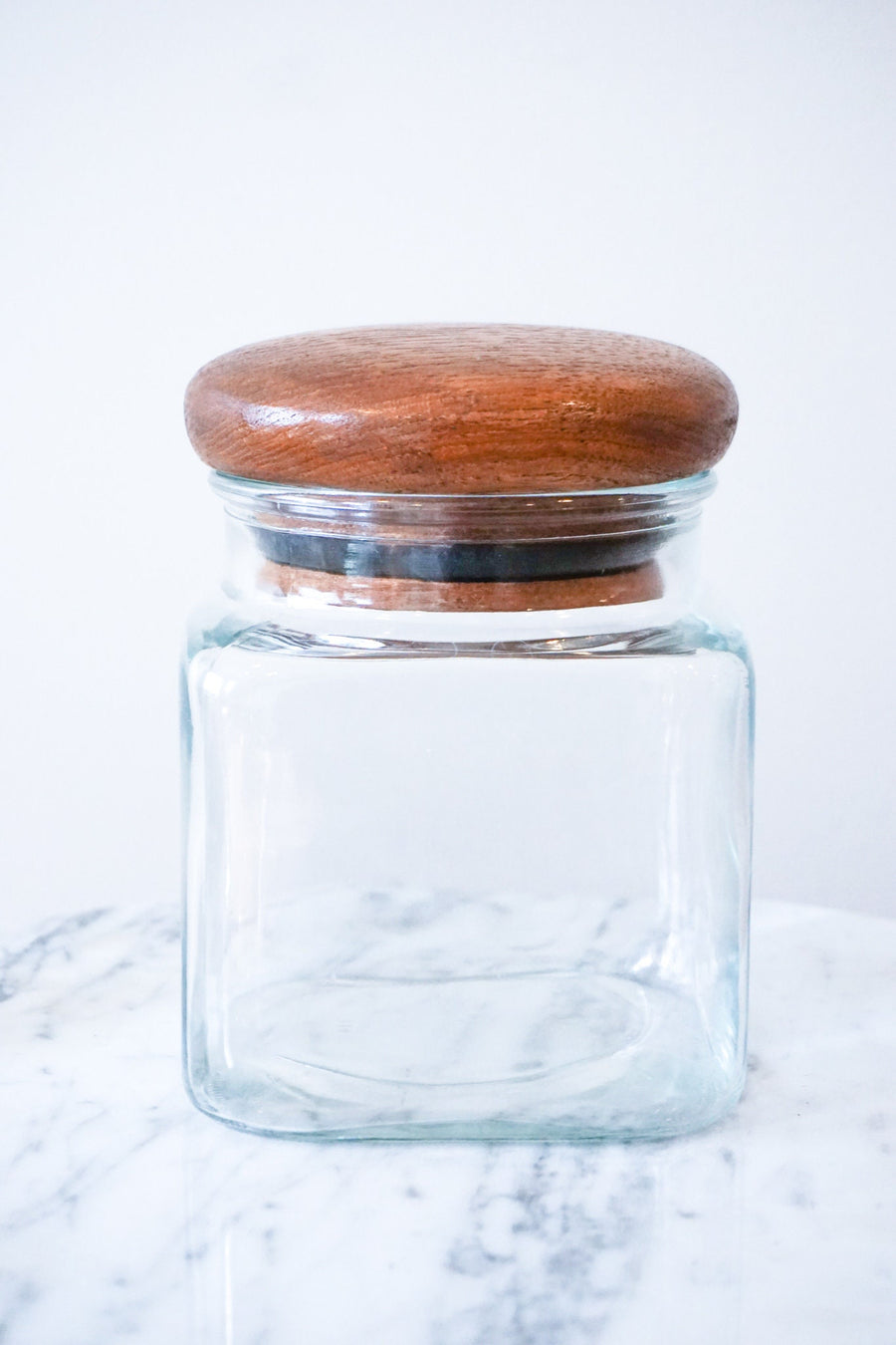 Set of Three Glass Kitchen Canisters with Teak Lids Made in Thailand