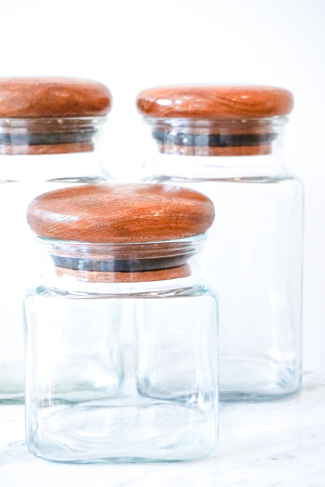 Set of Three Glass Kitchen Canisters with Teak Lids Made in Thailand