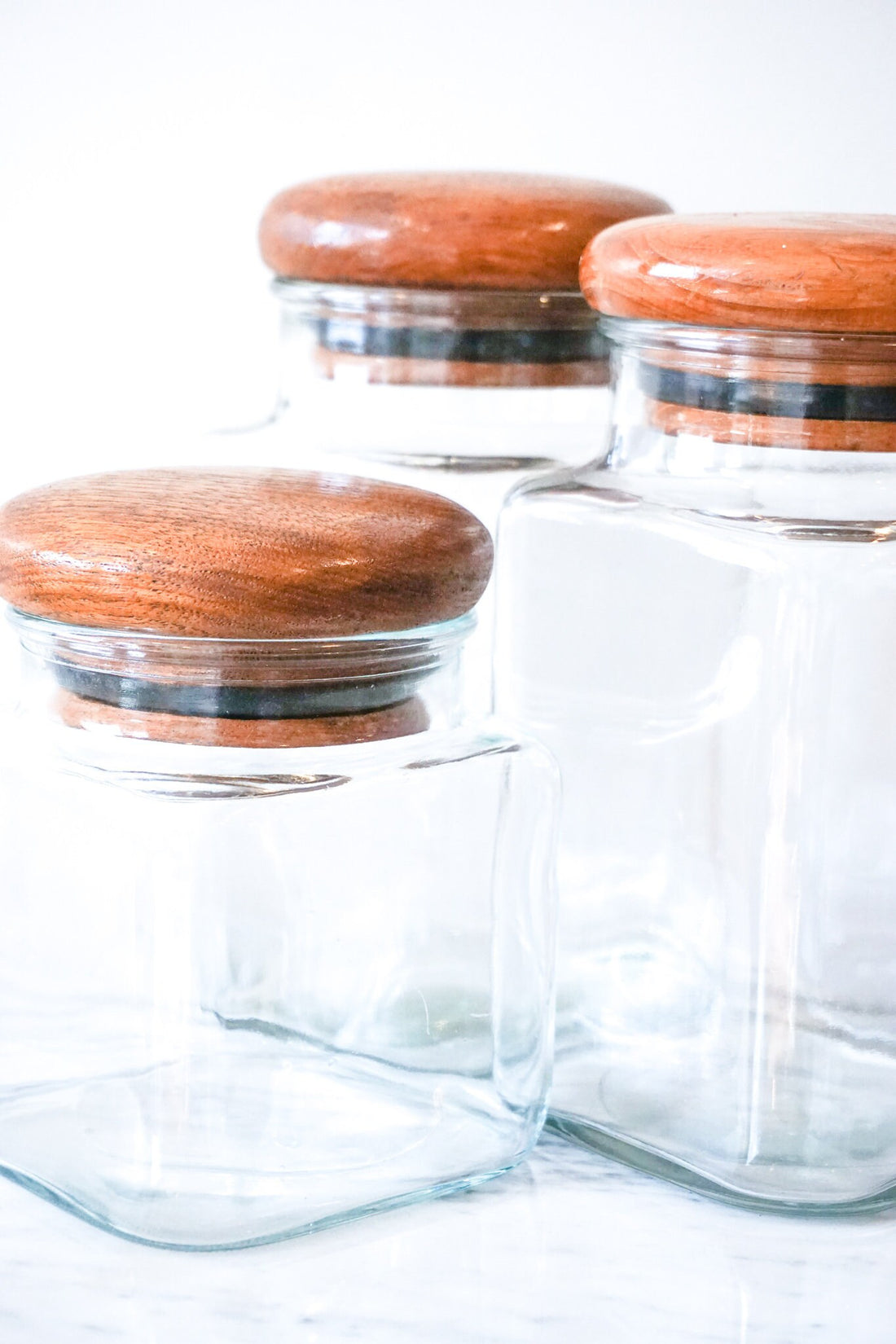 Set of Three Glass Kitchen Canisters with Teak Lids Made in Thailand