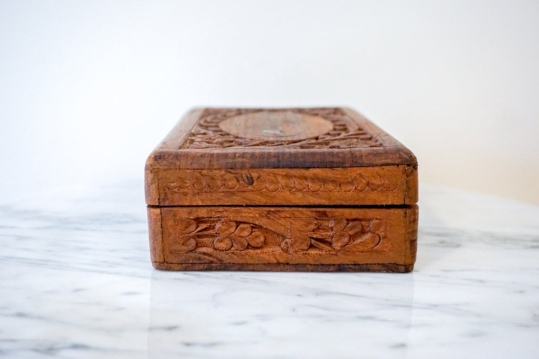 Vintage Hand Carved Wooden Jewelry/Trinket Box with Gold Details and Fabric Lining