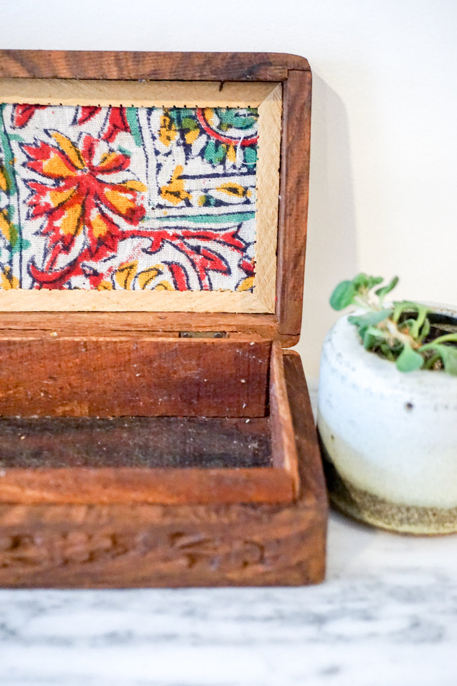 Vintage Hand Carved Wooden Jewelry/Trinket Box with Gold Details and Fabric Lining