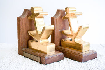 Vintage Set of 2 Solid Brass and Wood Nautical Anchor Bookends