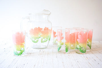Set of 7 Vintage Flower Tumblers and Matching Pitcher