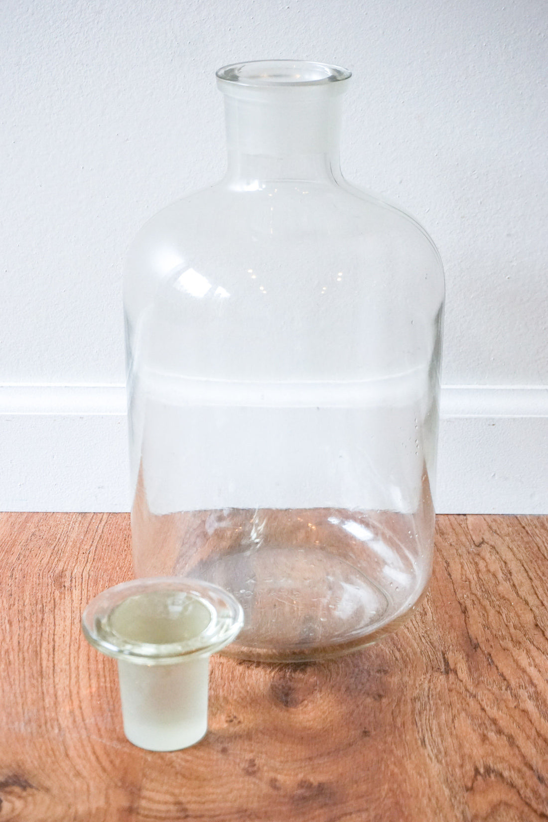Large Vintage Clear Glass Pyrex Chemistry Bottle with Raised Lettering and Glass Penny Stopper