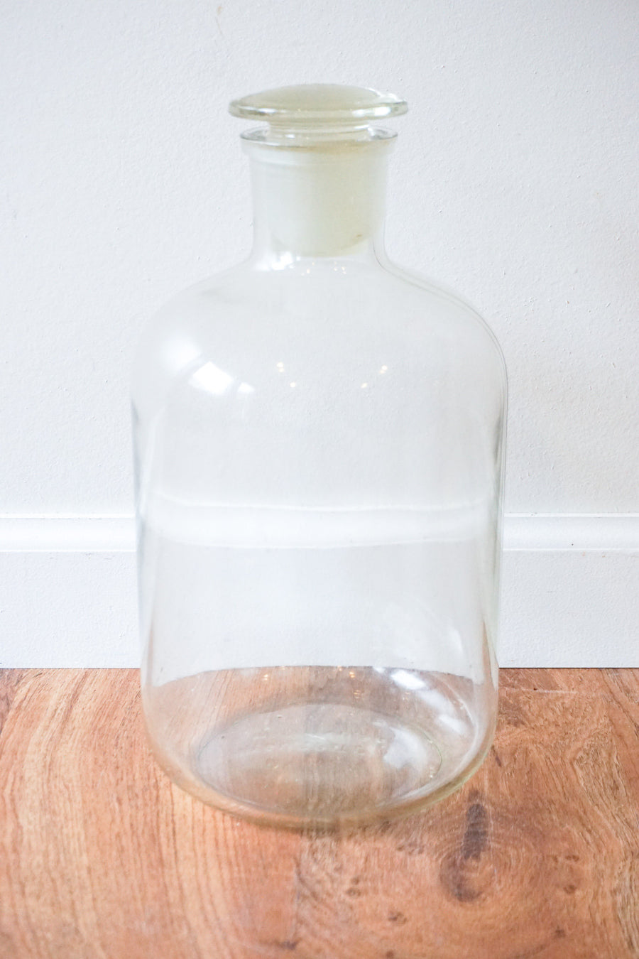 Large Vintage Clear Glass Pyrex Chemistry Bottle with Raised Lettering and Glass Penny Stopper