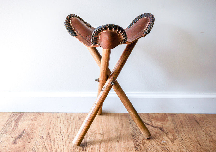 Vintage Hand Made Leather Tri-Fold Camping Stool with Original Wooden Legs - Made in Honduras