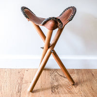 Vintage Hand Made Leather Tri-Fold Camping Stool with Original Wooden Legs - Made in Honduras