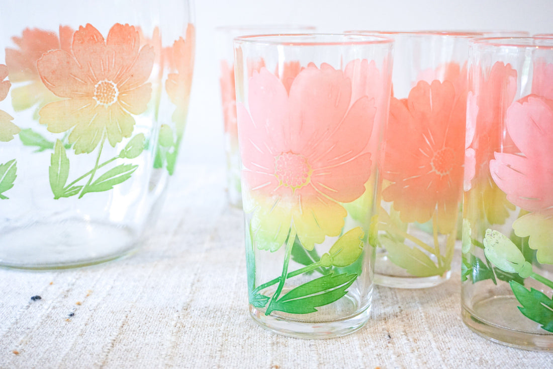 Set of 7 Vintage Flower Tumblers and Matching Pitcher