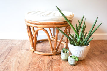 Large Vintage Woven Bentwood Bamboo Ottoman with White Cushion