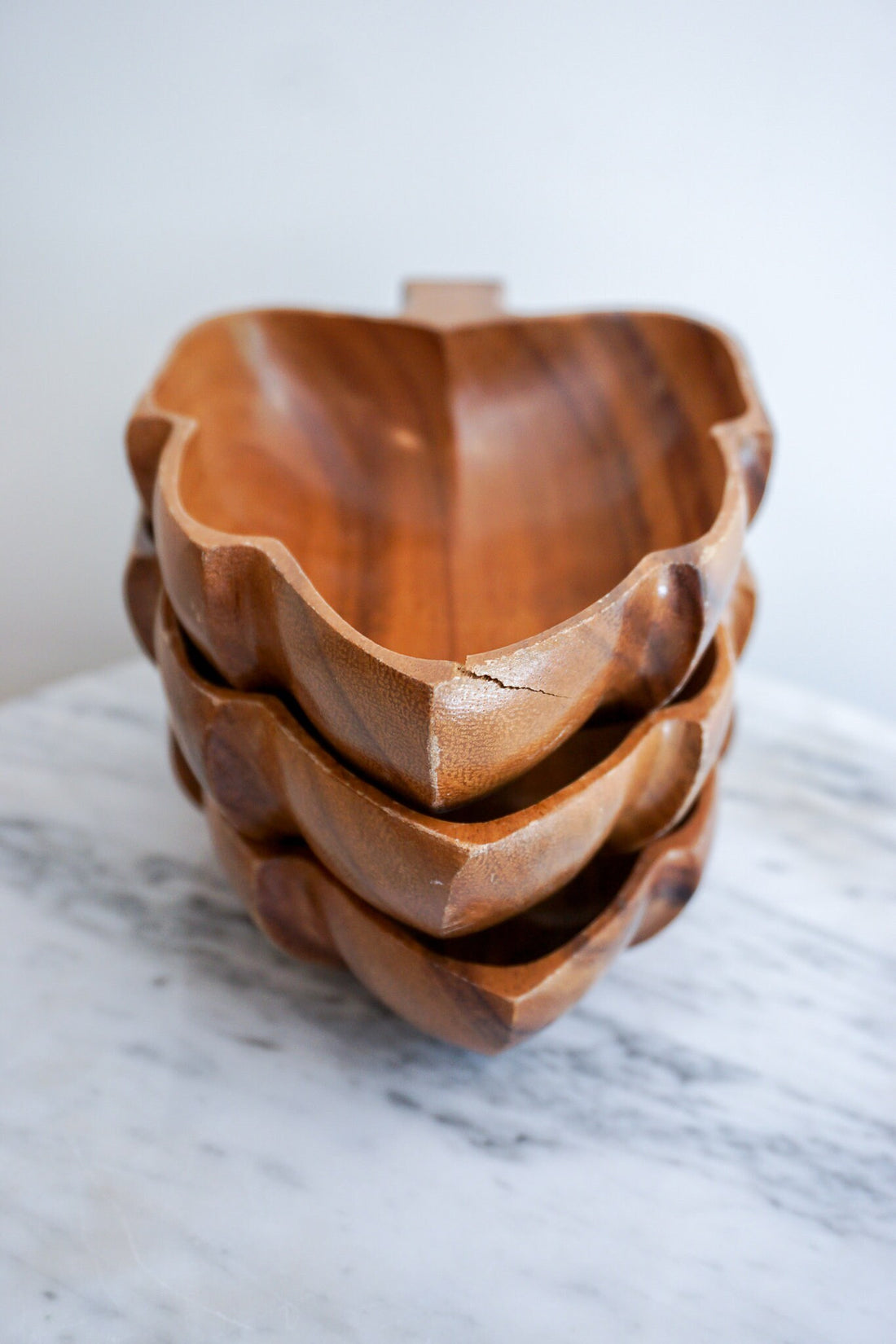 Monkey Pod Wood Artichoke Leaf Style Serving Bowls Set of Seven