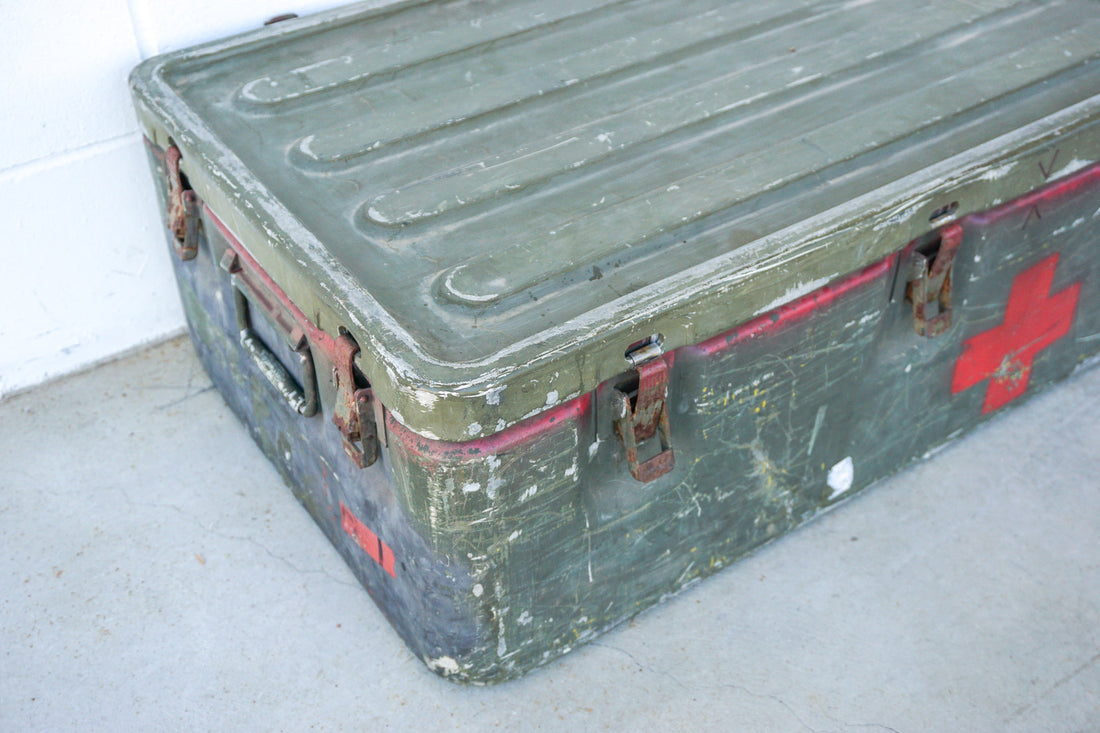 Aluminum Industrial Vintage Latching Military Metal Medic Box with Original Hardware and Graphics