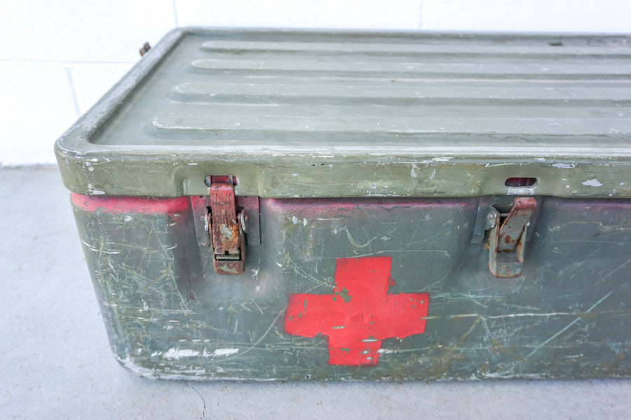 Aluminum Industrial Vintage Latching Military Metal Medic Box with Original Hardware and Graphics